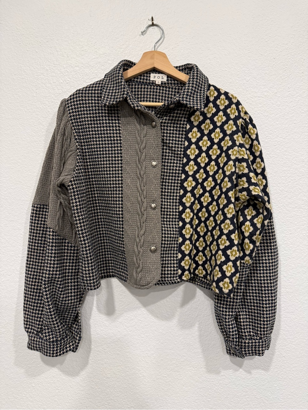 POL mixed pattern Patchwork button up jacket with balloon sleeves - L
